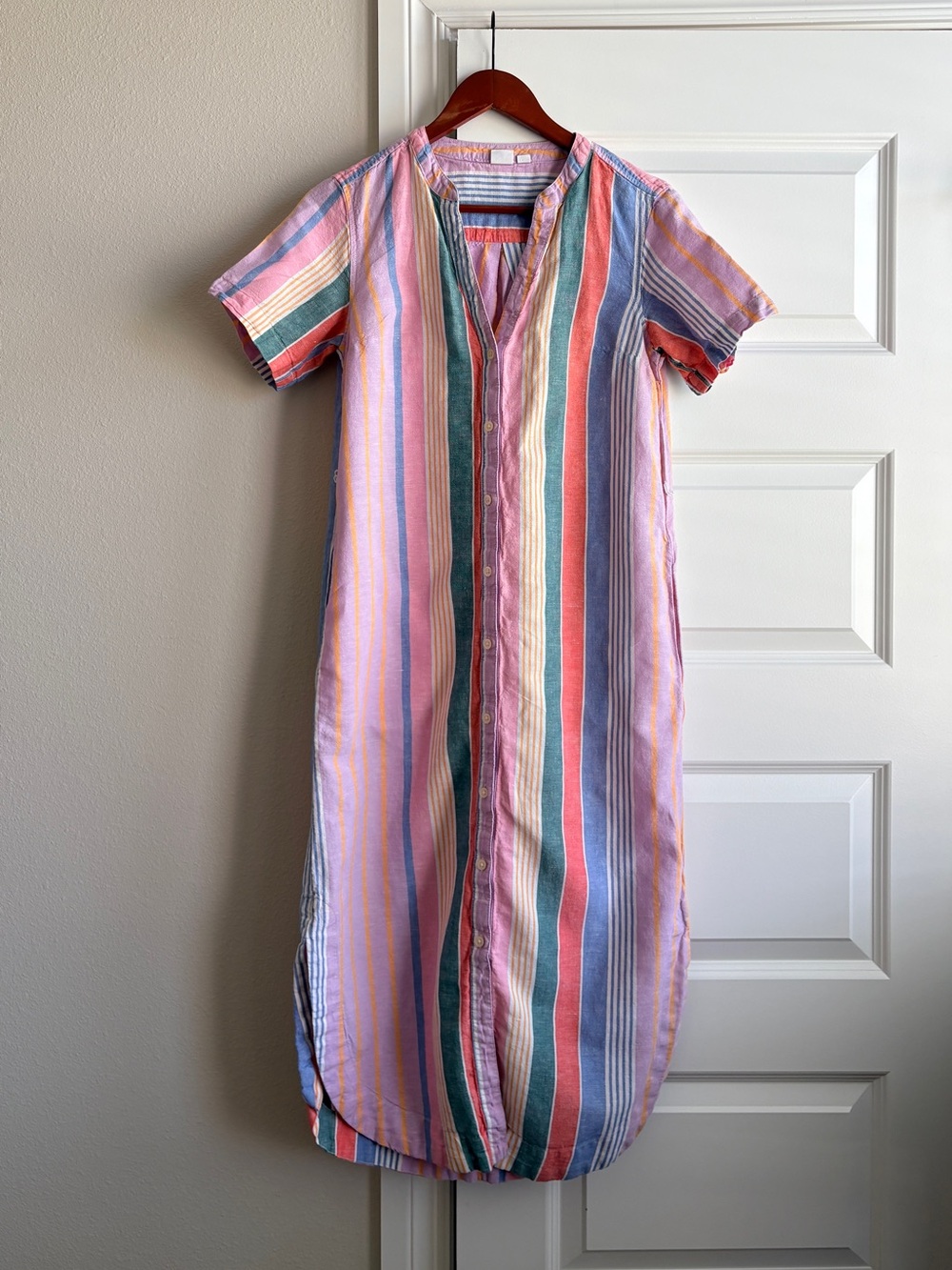 Gap Linen Cotton Rainbow Stripe Maxi Shirt Dress Size 2 no belt